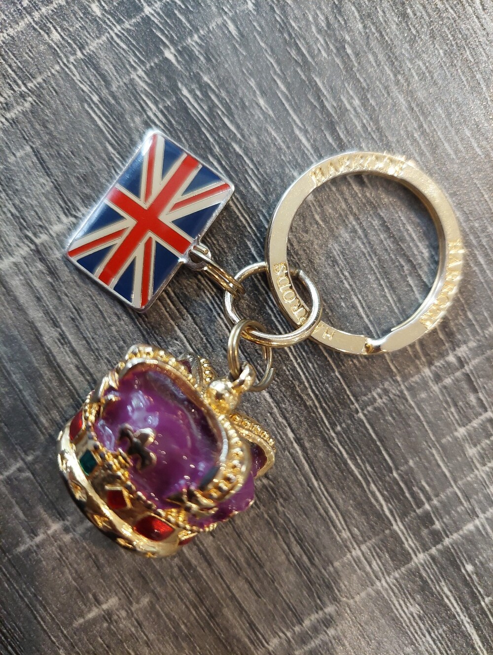 Vintage Harrods Crown & Union Jack Keyring with Purple Enamel Crown - Picture 4 of 6